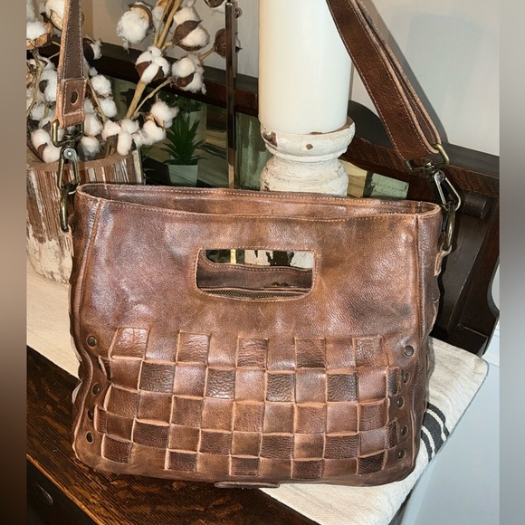 Bed Stu Orchid Woven Leather Handbag Crossbody Bag Teak Brown Retail $280 - Picture 4 of 12